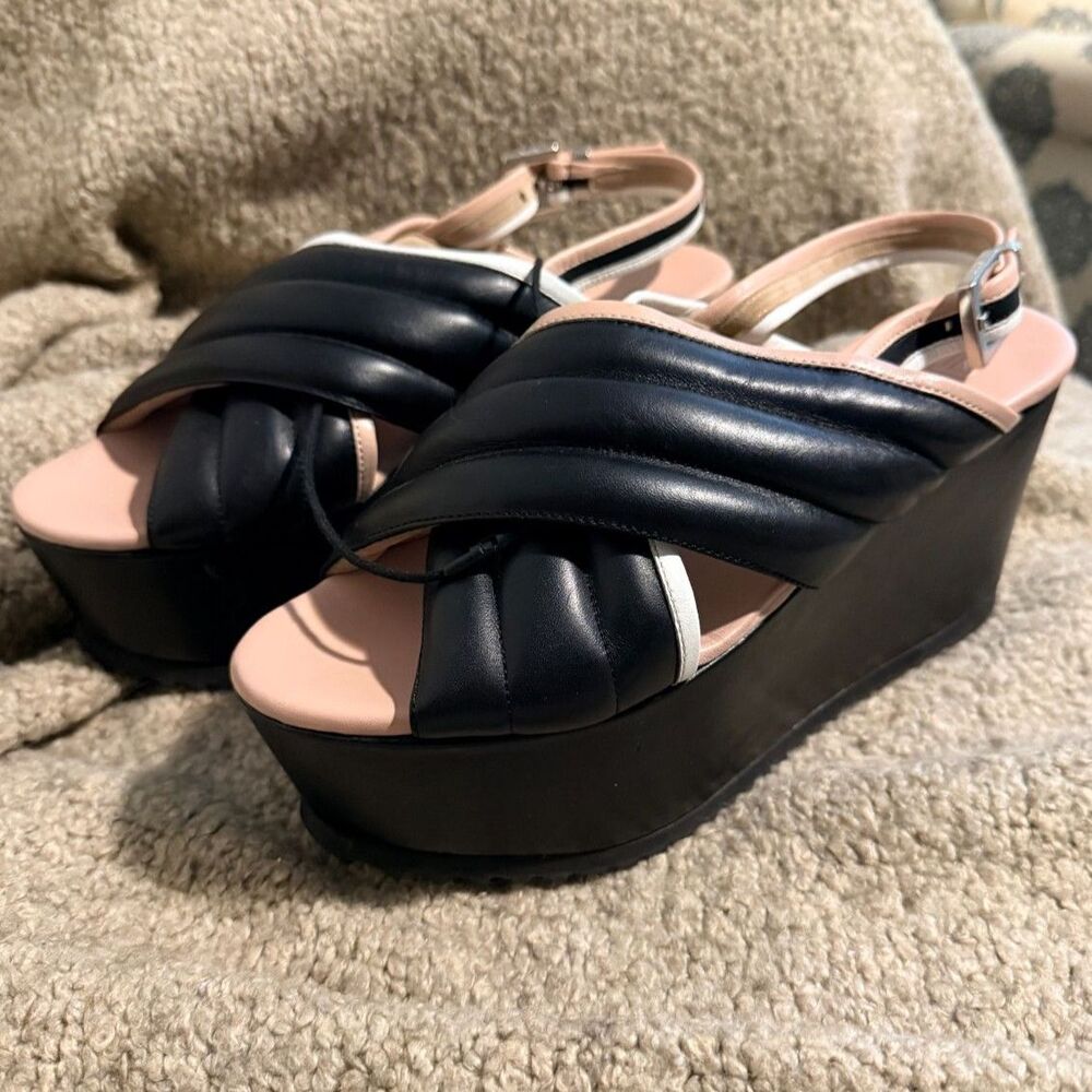 NWT 4US Cesare Paciottti Leather Criss Cross Wedge Platform Sandal size 39